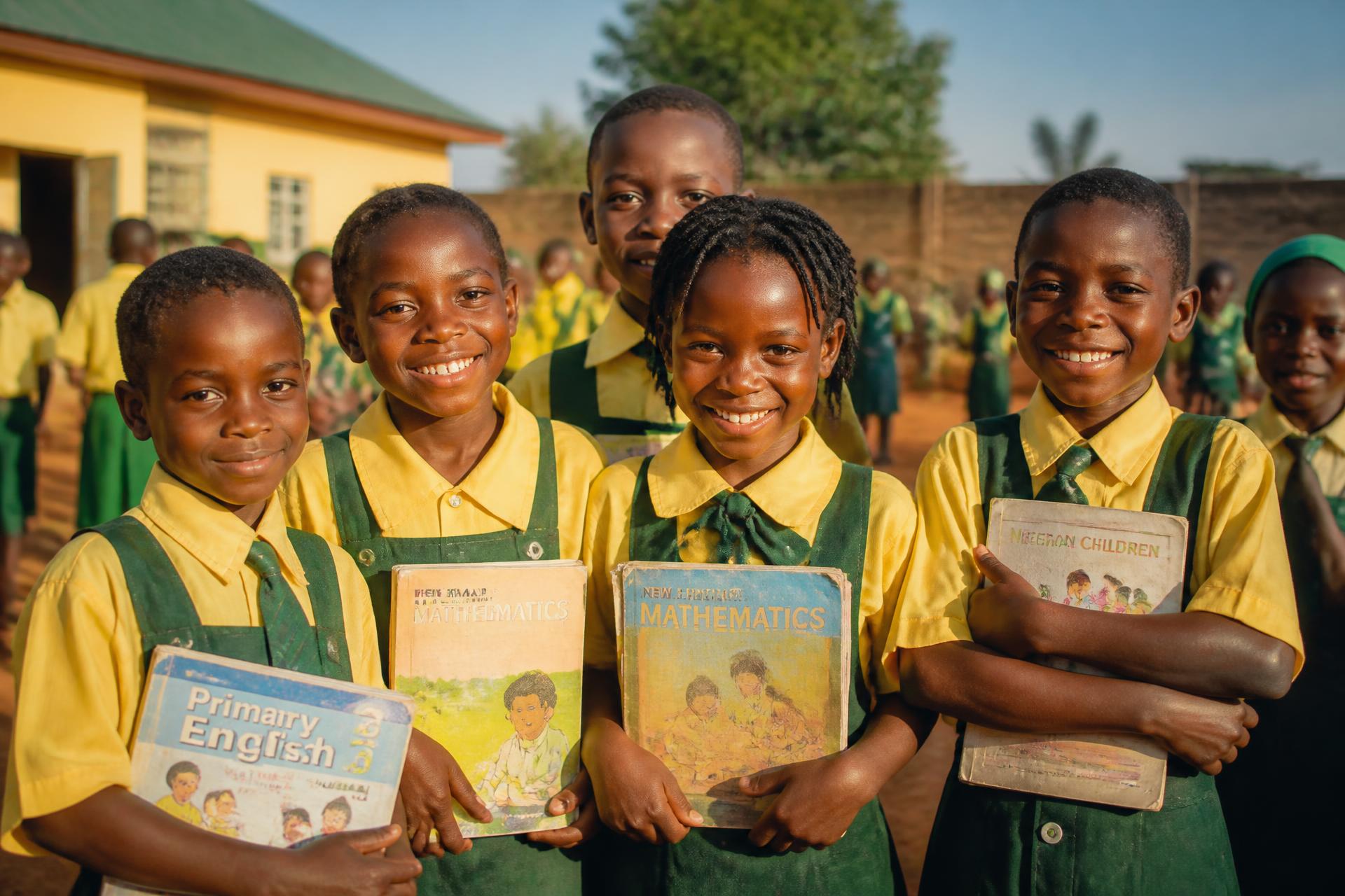 Smiling Nigerian schoolchildren holding books outside their classroom