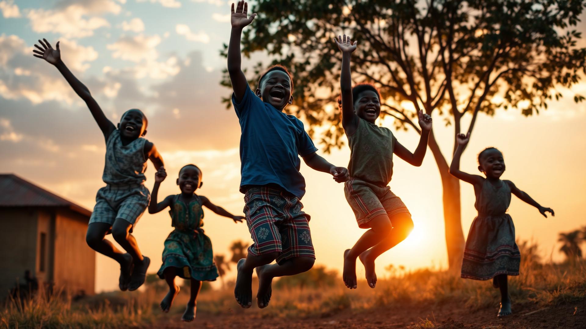 Happy Nigerian children playing at sunset